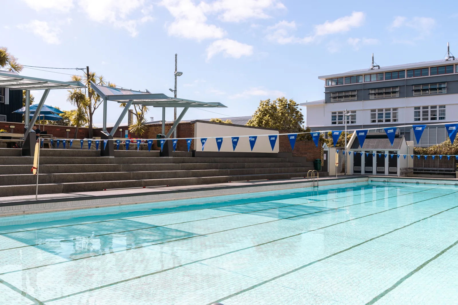 Outdoor pool and bleachers at Thorndon Pool